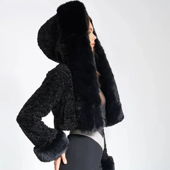 💋CHIC & SEXY💋Lux Black Vegan Shearling Lamb & Fox Fur Hoodded Crop Jacket - Picture 9 of 16
